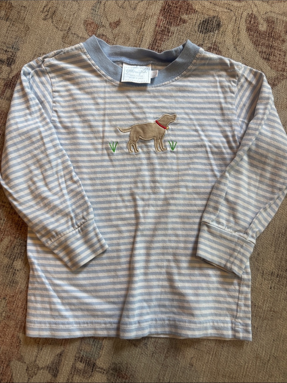 Little English Light Blue & White Striped Long-Sleeve Tee with Dog Appliqué